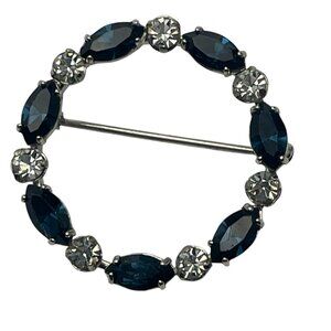 Vintage Signed Krementz Silver Tone Blue Sapphire Round Pin/Brooch